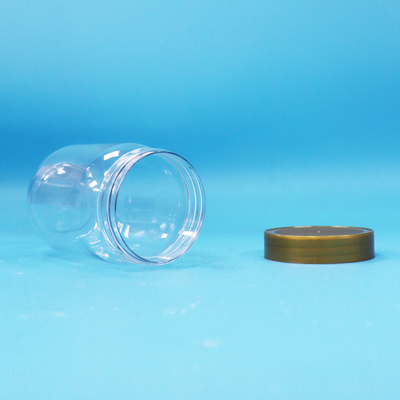 ペットフードグレードクリアラウンドシリンダーロリポップハニービスケットプラスチックジャーネジブラウン蓋