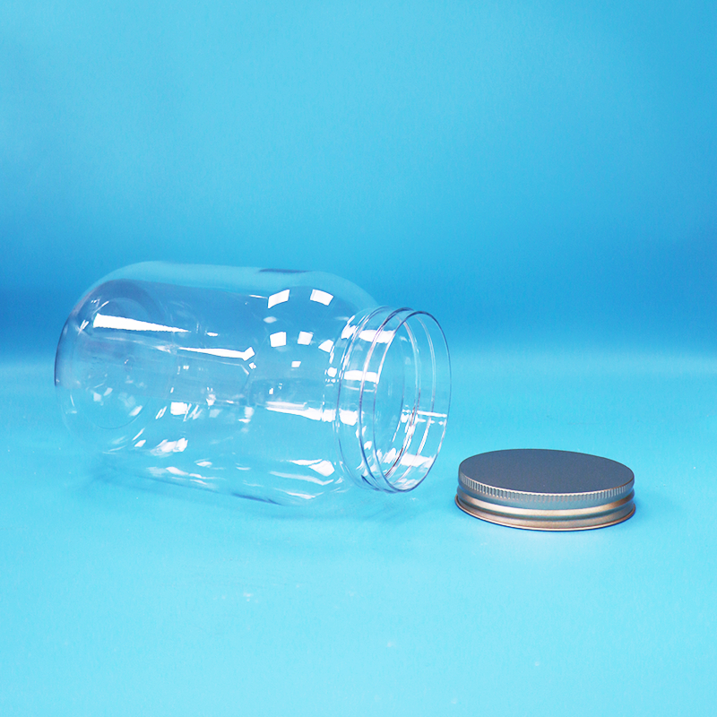 食品グレード 透明なPET プラスチック 丸いボトル アルミニウム スクリュー フラットキャップ 食品用 キャンディーナッツ