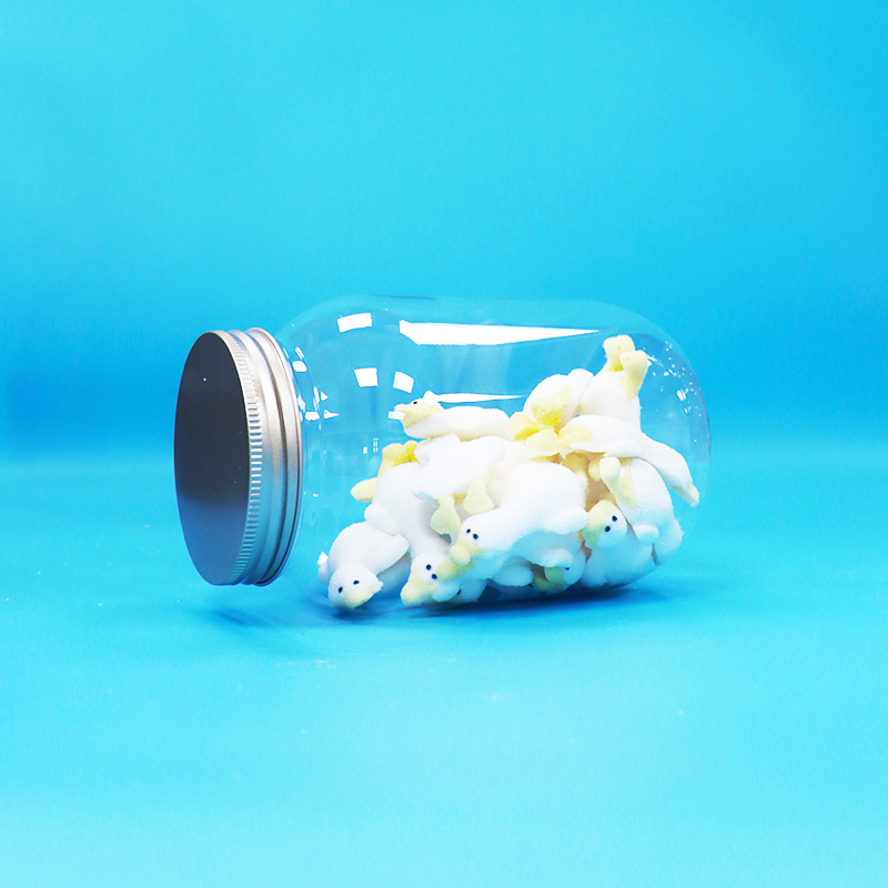 食品、キャンディー、ナッツ用 BPA フリーのアルミニウムスクリューフラットキャップクリアペットプラスチック丸型ジャー