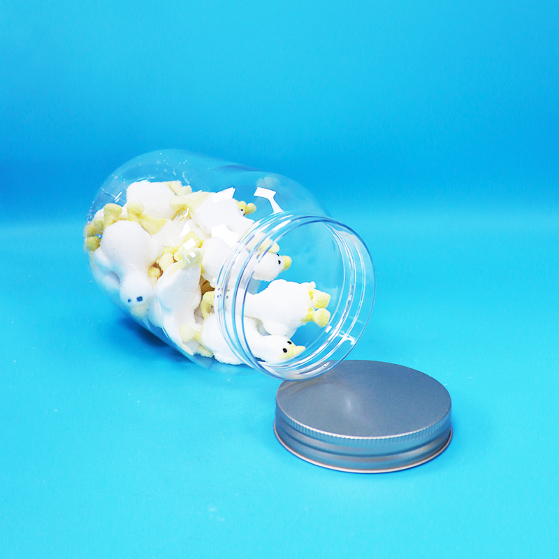食品、キャンディー、ナッツ用 BPA フリーのアルミニウムスクリューフラットキャップクリアペットプラスチック丸型ジャー