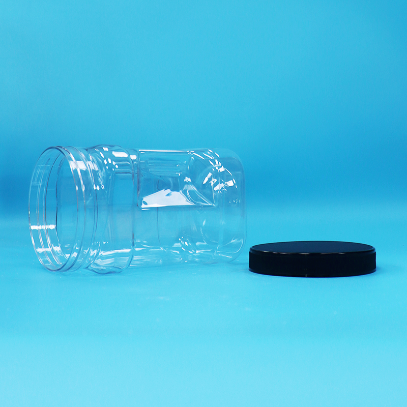 透明食品グレードブラックフラット蓋乾燥フルーツと食品スクエアPETプラスチックグリップジャー