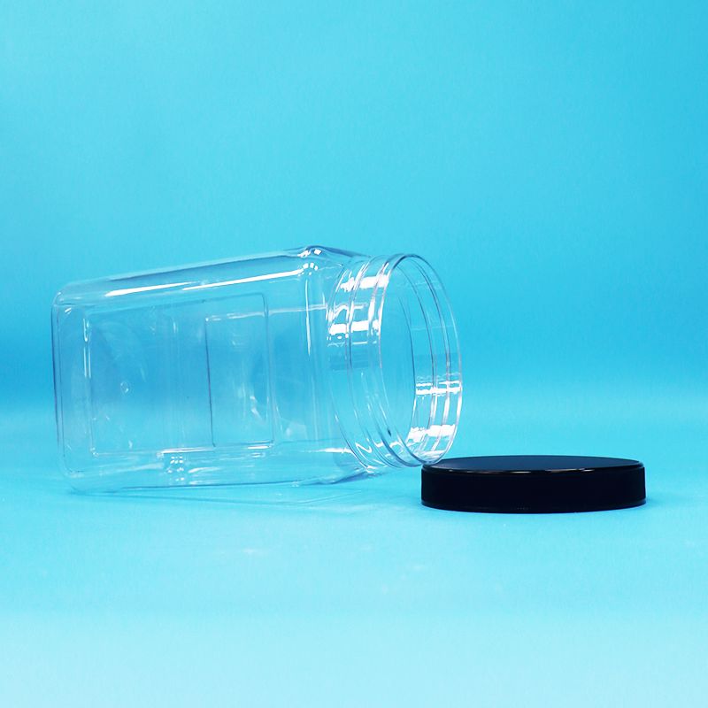 透明ジャー 正方形 プラスチック PET 黒蓋 食品 キャンディー クッキー ヌードル用