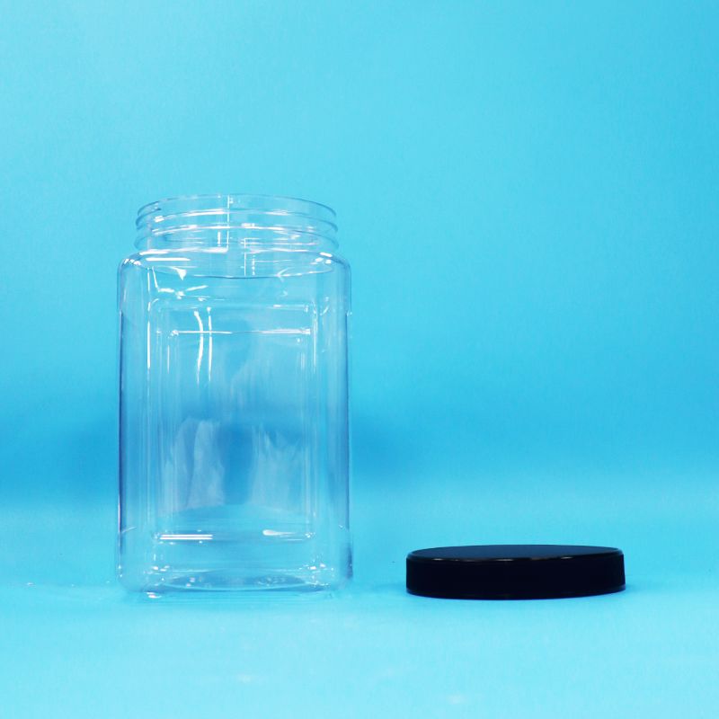 透明ジャー 正方形 プラスチック PET 黒蓋 食品 キャンディー クッキー ヌードル用